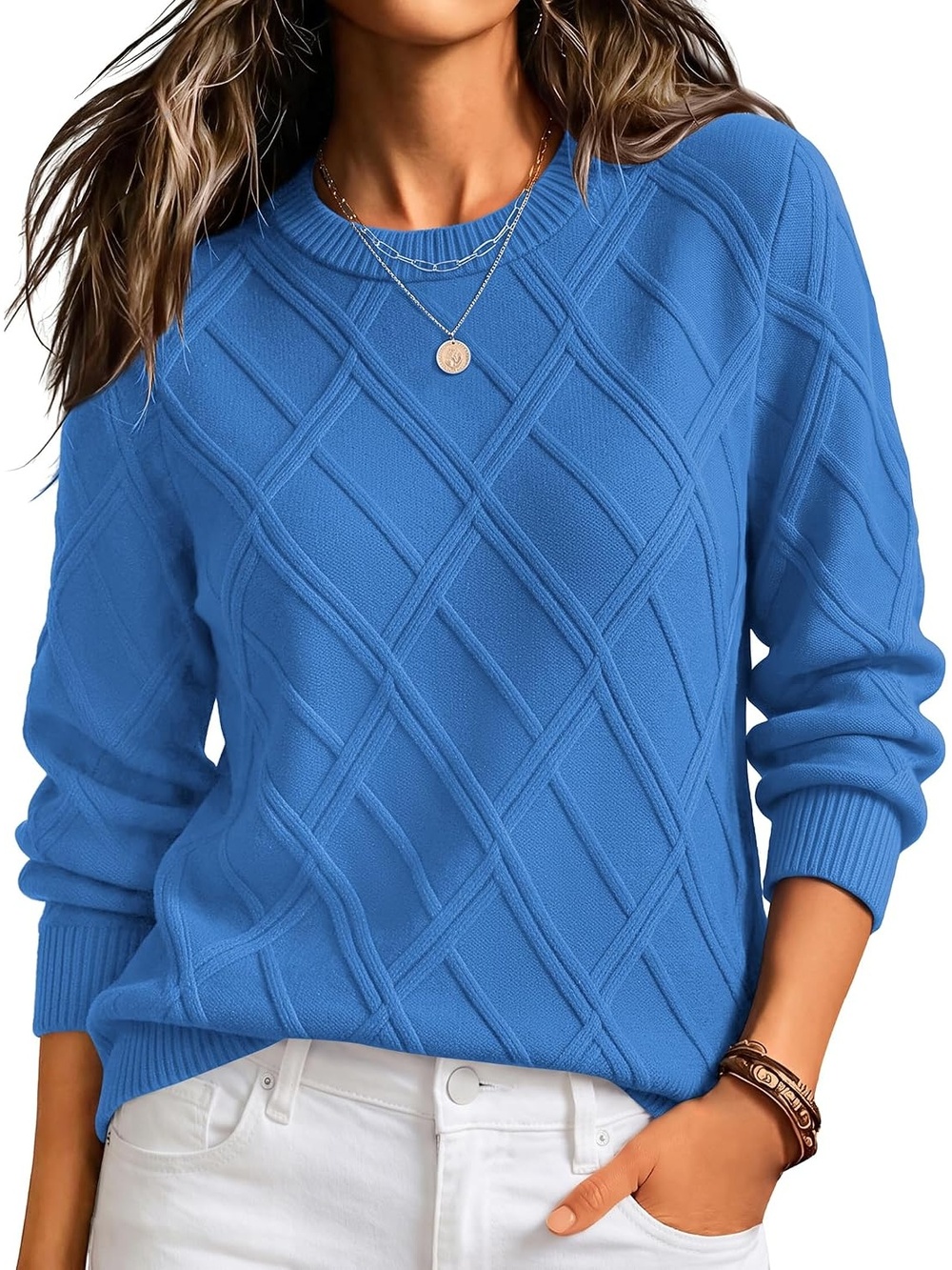 🆕 Women's Sky Blue Long Sleeve Cable Knit Crewneck Cozy Pullover Sweater